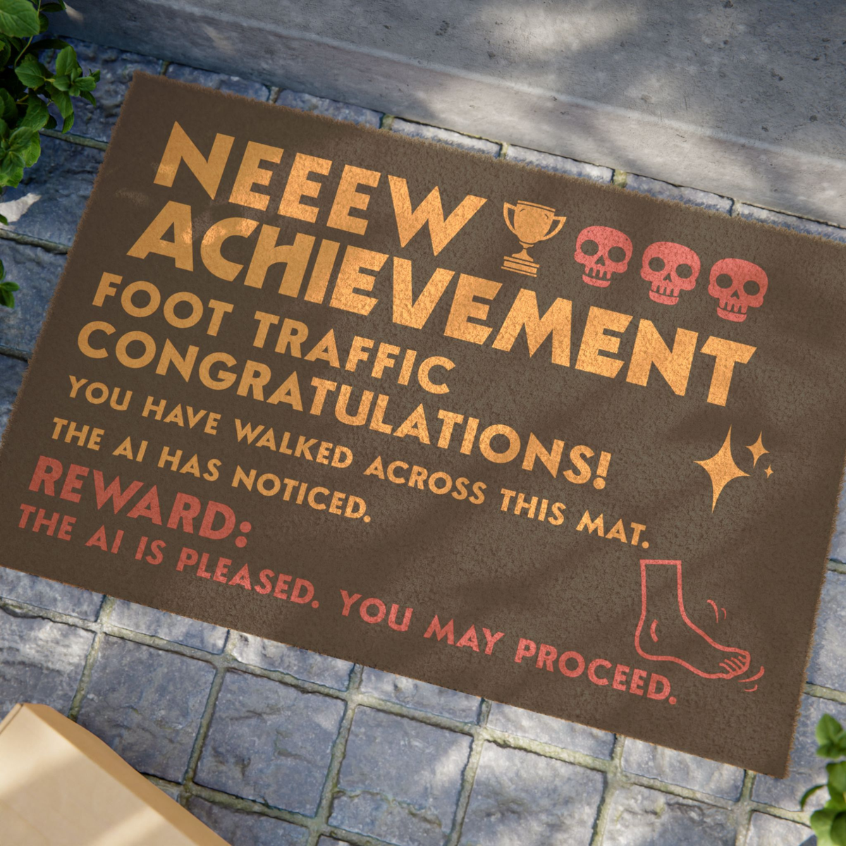 Black Coir Dungeon Crawler Carl Door Mat, text says "New Achievement, Foot traffic, congratulations! you have walked across this mat. the AI has noticed. Reward- The ai is pleased, you may proceed.Includes illustration of foot, stars & skulls. Designed by Starlit Prose Bookish Merch Australia.