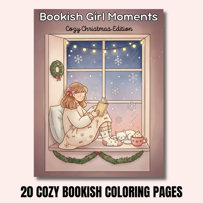 Book cover with illustration of a girl reading by a window with Christmas decorations, titled 'Bookish Girl Moments Cozy Christmas Edition'.