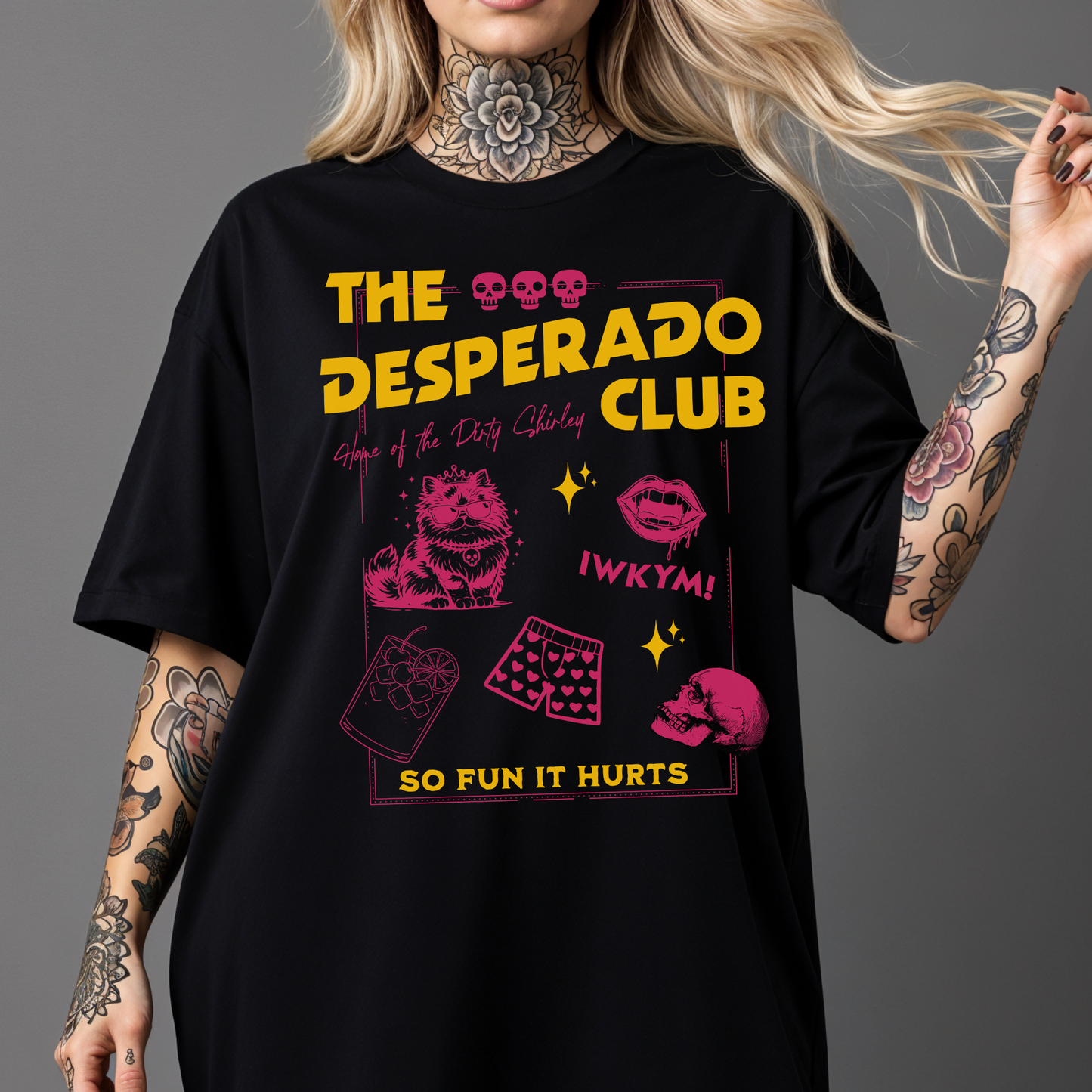 Person wearing a black Comfort Colors t-shirt with 'The Desperado Club' graphic design | Starlit Prose Bookish Merch Australia