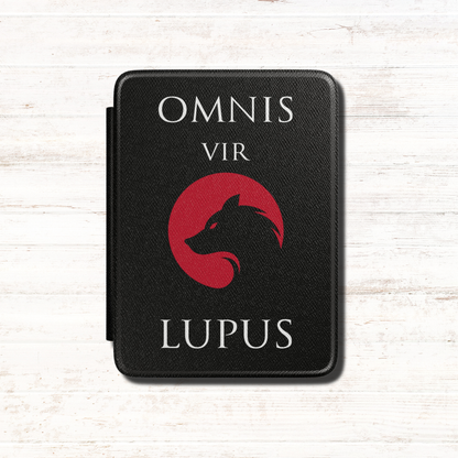 Black textured Red Rising Kindle case, featuring bold white text that says "Omnis vir Lupus" and a silhouette of a wolf within a red Moon circle. Designed by Starlit Prose Bookish merch Australia.
