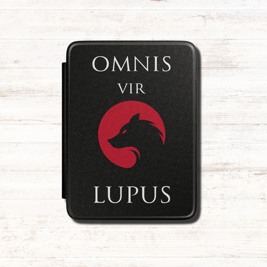 Black textured Red Rising Kindle case, featuring bold white text that says "Omnis vir Lupus" and a silhouette of a wolf within a red Moon circle. Designed by Starlit Prose Bookish merch Australia.