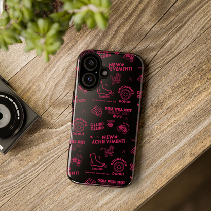 Dungeon Crawler Carl Pink collage style design featuring quotes and imagery from the books on a black background, tough phone case. Starlit Prose Bookish Merch Australia
