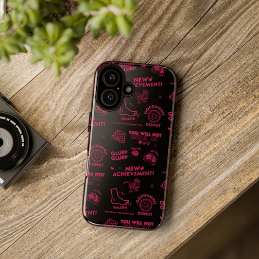 Dungeon Crawler Carl Pink collage style design featuring quotes and imagery from the books on a black background, tough phone case. Starlit Prose Bookish Merch Australia