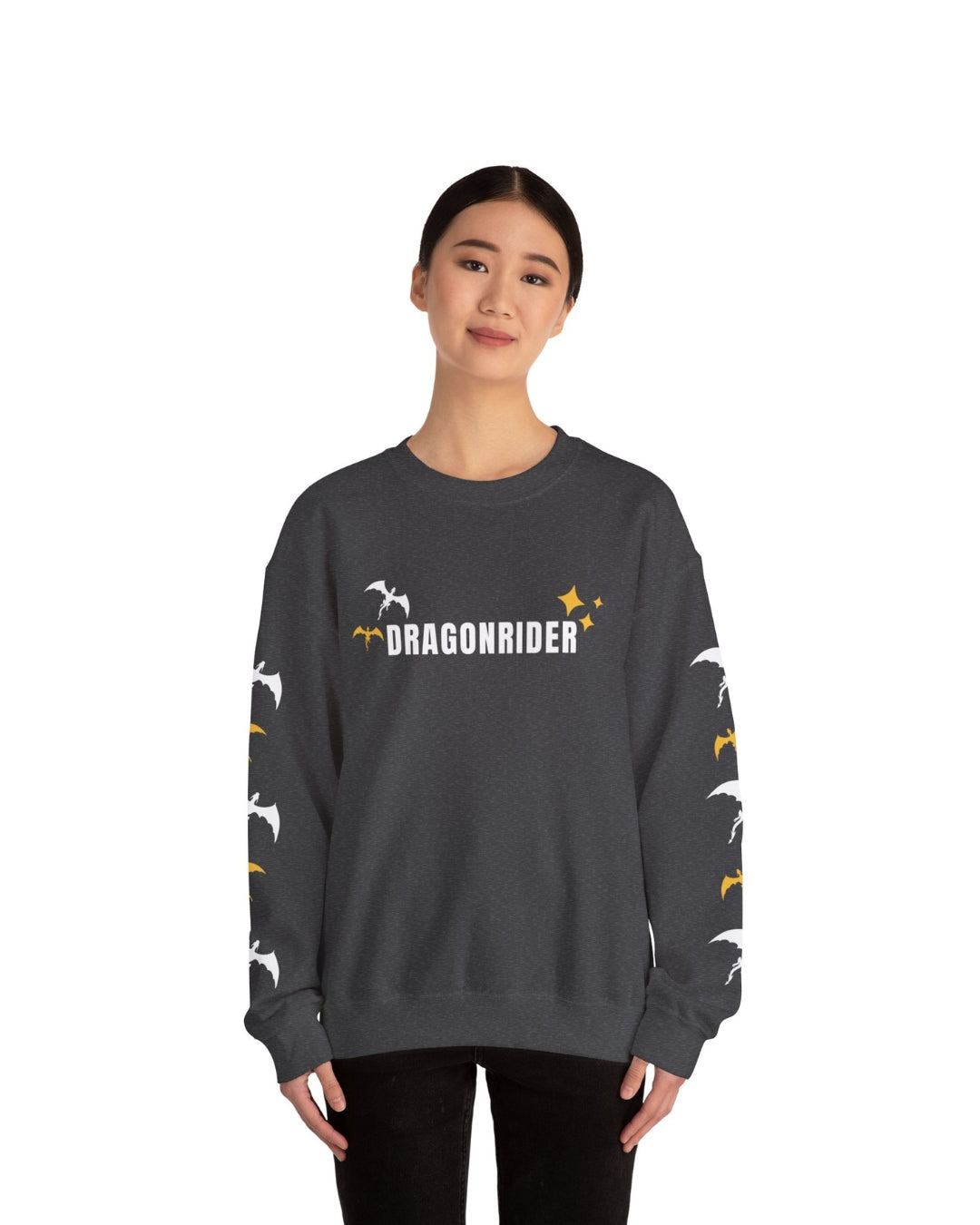 Woman wearing Dragon Rider Dark Heather Sweatshirt | Fantasy Bookish Merch | Ink and Stories