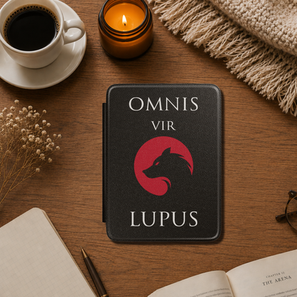Black textured Red Rising Kindle case, featuring bold white text that says "Omnis vir Lupus" and a silhouette of a wolf within a red Moon circle. Designed by Starlit Prose Bookish merch Australia.