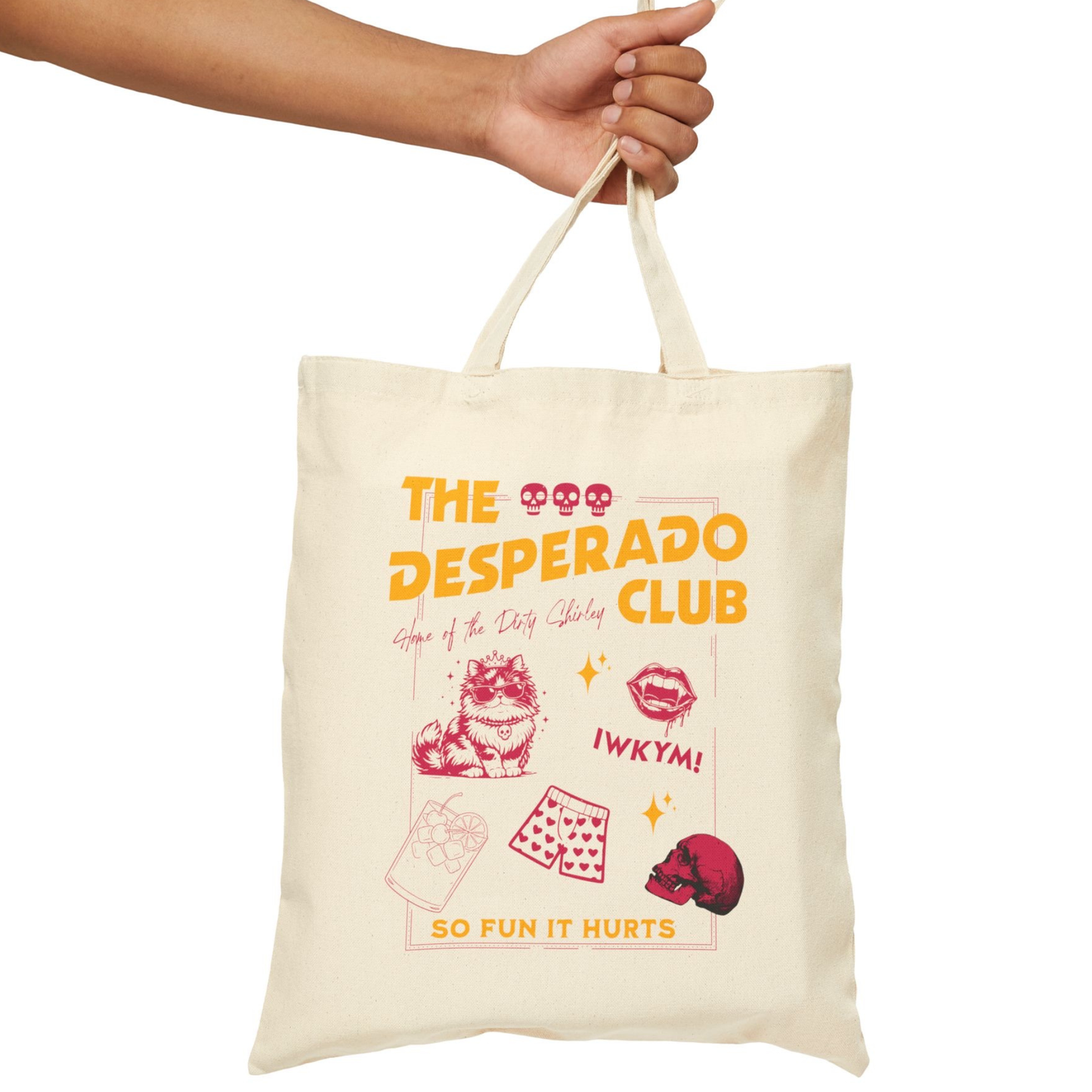 Dungeon Crawler Carl Desperado Club Tote Bag design held by a hand on a white background | Starlit Prose Bookish Merch Australia