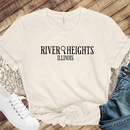 beige shirt that says "River Heights Illinois"