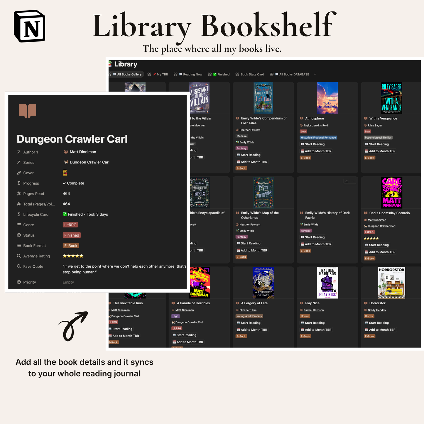 Notion Reading Journal Library Bookshelf view
