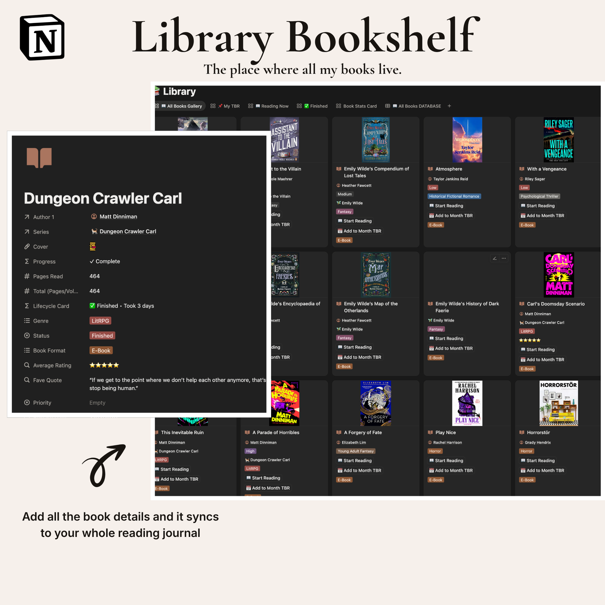 Notion Reading Journal Library Bookshelf view