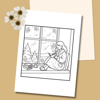 Illustration of a woman reading a book by a window on a white card with flowers on a beige background