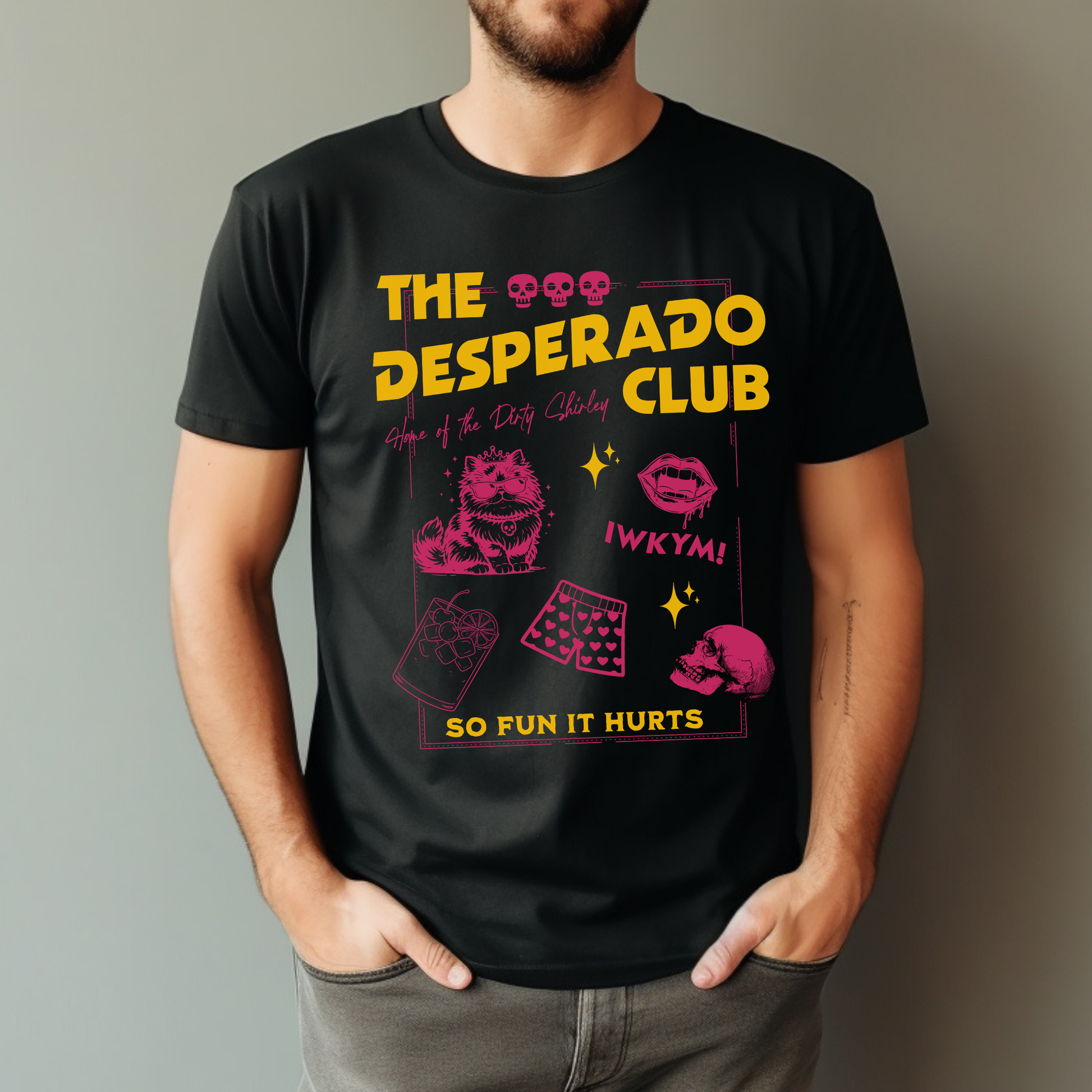 Person wearing a black Comfort Colors t-shirt with 'The Desperado Club' graphic design | Starlit Prose Bookish Merch Australia