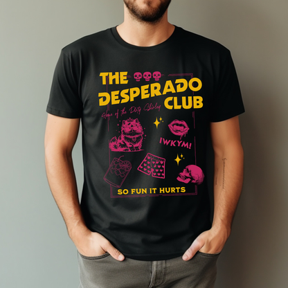 Person wearing a black Comfort Colors t-shirt with 'The Desperado Club' graphic design | Starlit Prose Bookish Merch Australia