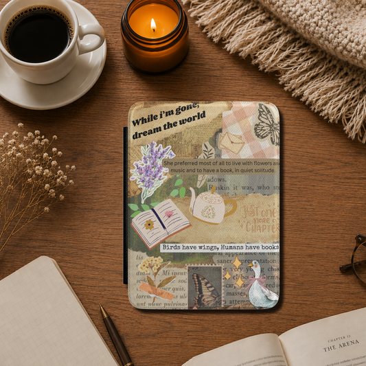 This vintage Cottagecore inspired bookish Kindle case features charming illustrated "sticker" details including a goose, teapot, open book, flowers, butterfly and envelope, layered over nostalgic vintage-style typography featuring book pages, and quotes including While i'm gone, dream me the world, Birds have wings, humans have books. Designed by Starlit Prose Bookish Merch Australia.
