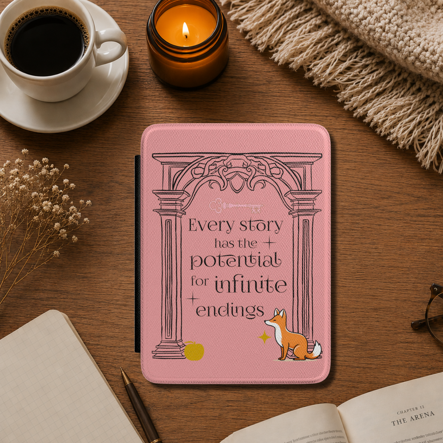 Once Upon a Broken Heart kindle case cover, featuring a pink textured background with the Valory Arch, a cute little fox with a gold apple and text that says " Every Story has the potential for infinite ending". Designed by Starlit Prose Bookish merch Australia.