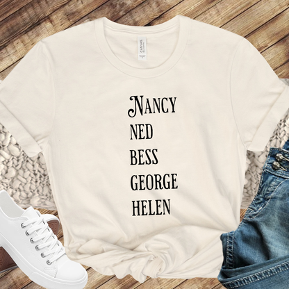 beige shirt with the names of The Clue Crew