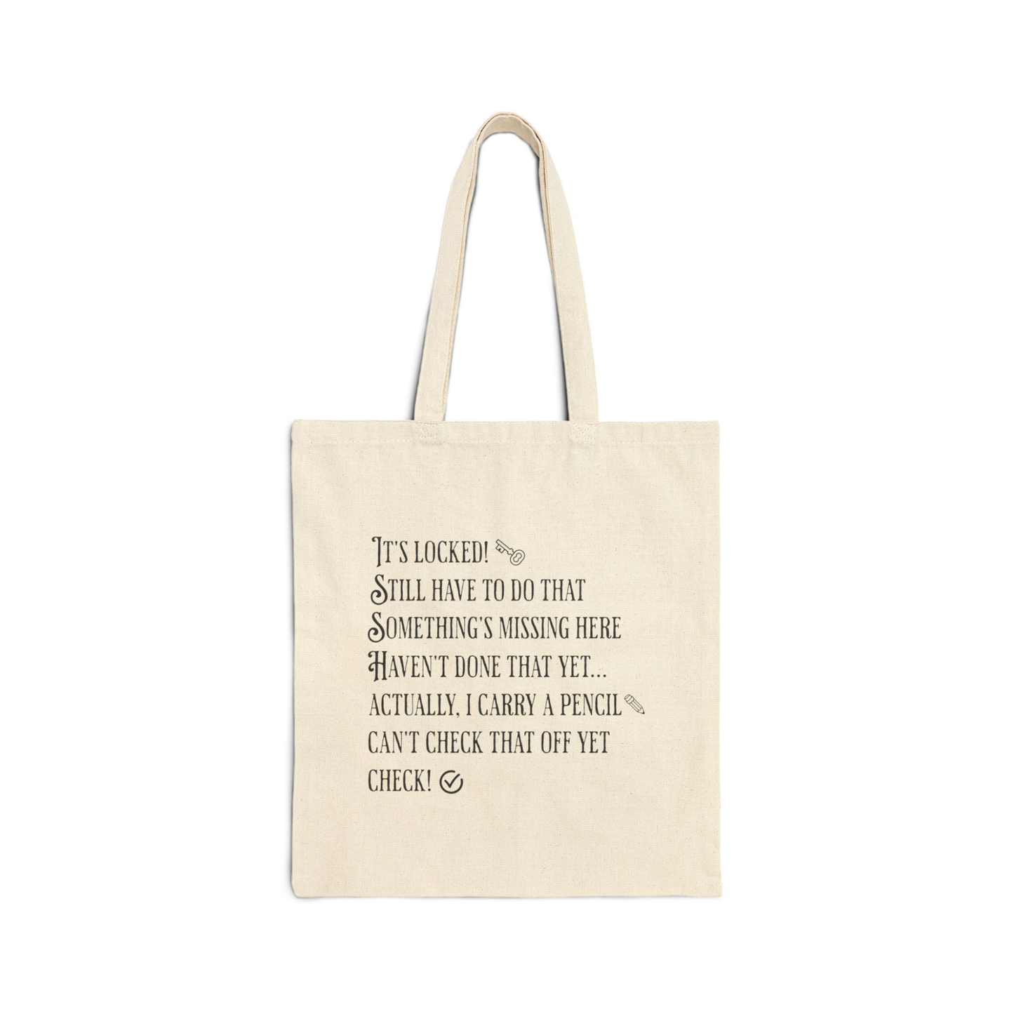 Beige tote bag with text on a white background
