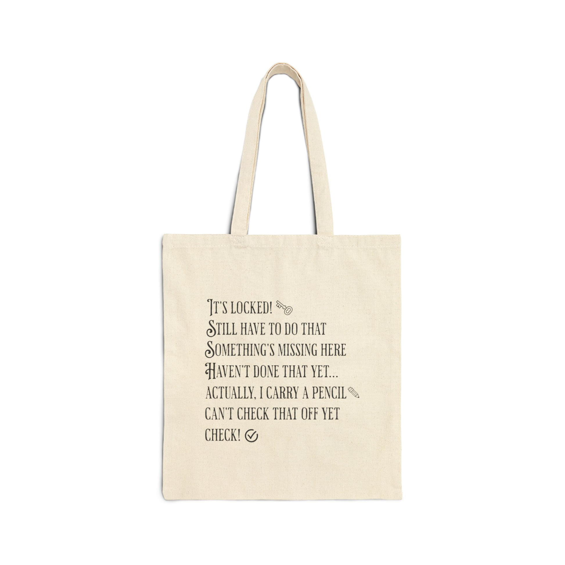 Beige tote bag with text on a white background