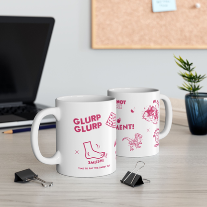 Two white Dungeon Crawler Carl Mugs with pink text and graphics of quotes from DCC  on a desk | Starlit Prose Bookish Merch Australia