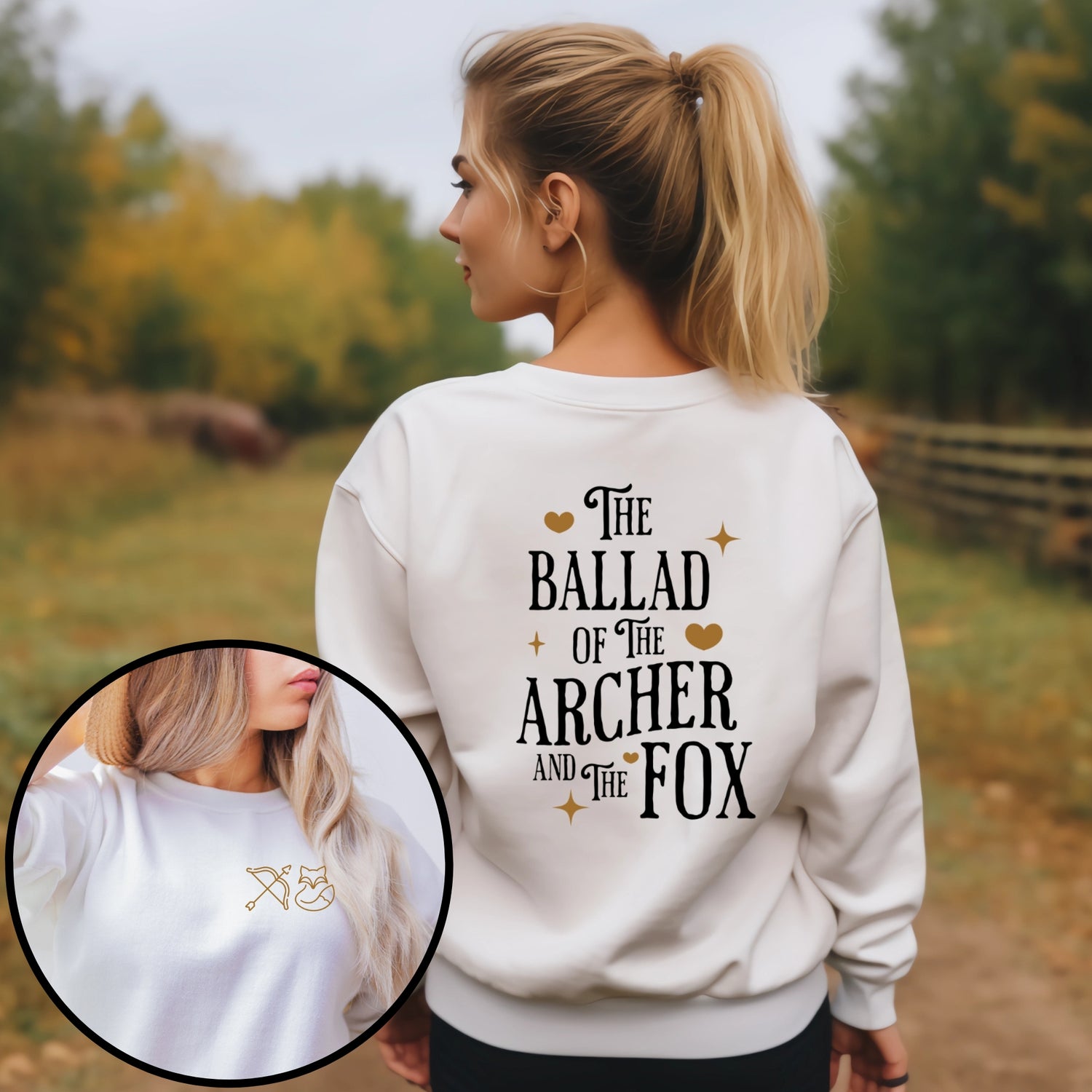 The Ballad of the Archer and the Fox White Front and Back Sweatshirt | Once upon a Broken Heart merch | Ink and Stories bookish Merch Australia