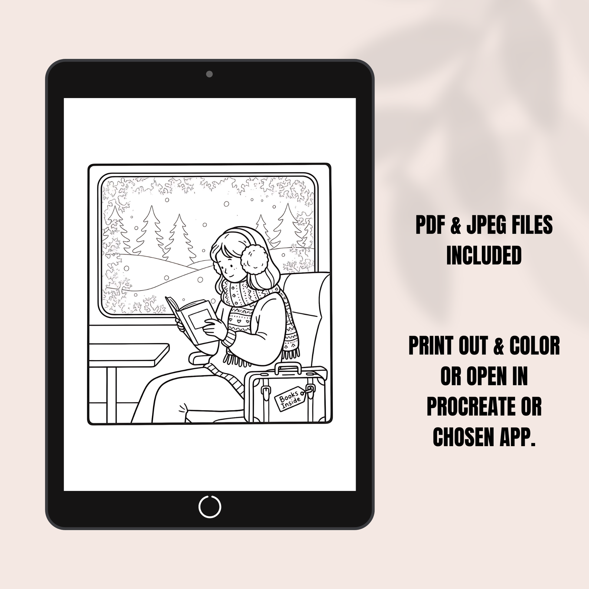iPad displaying a black and white illustration of a person reading a book with a snowy scene, text about file formats and usage.