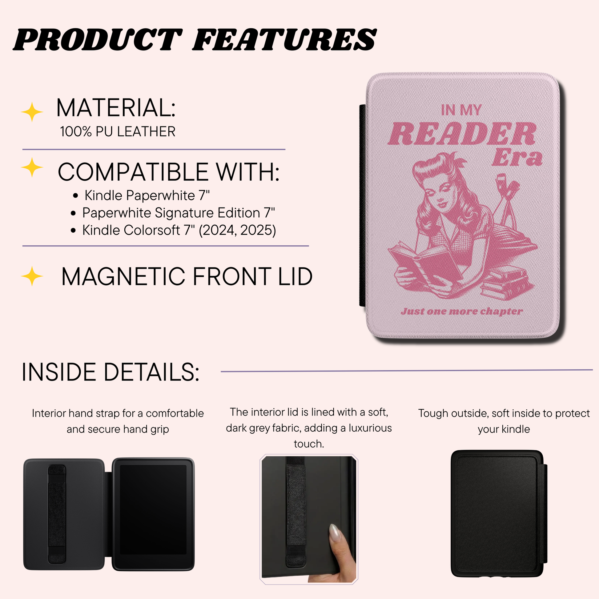 Product features graphic for a Kindle reading case made of 100% PU leather. The case is light pink with a pink illustration of a woman holding a book and the text 'IN MY READER Era'.