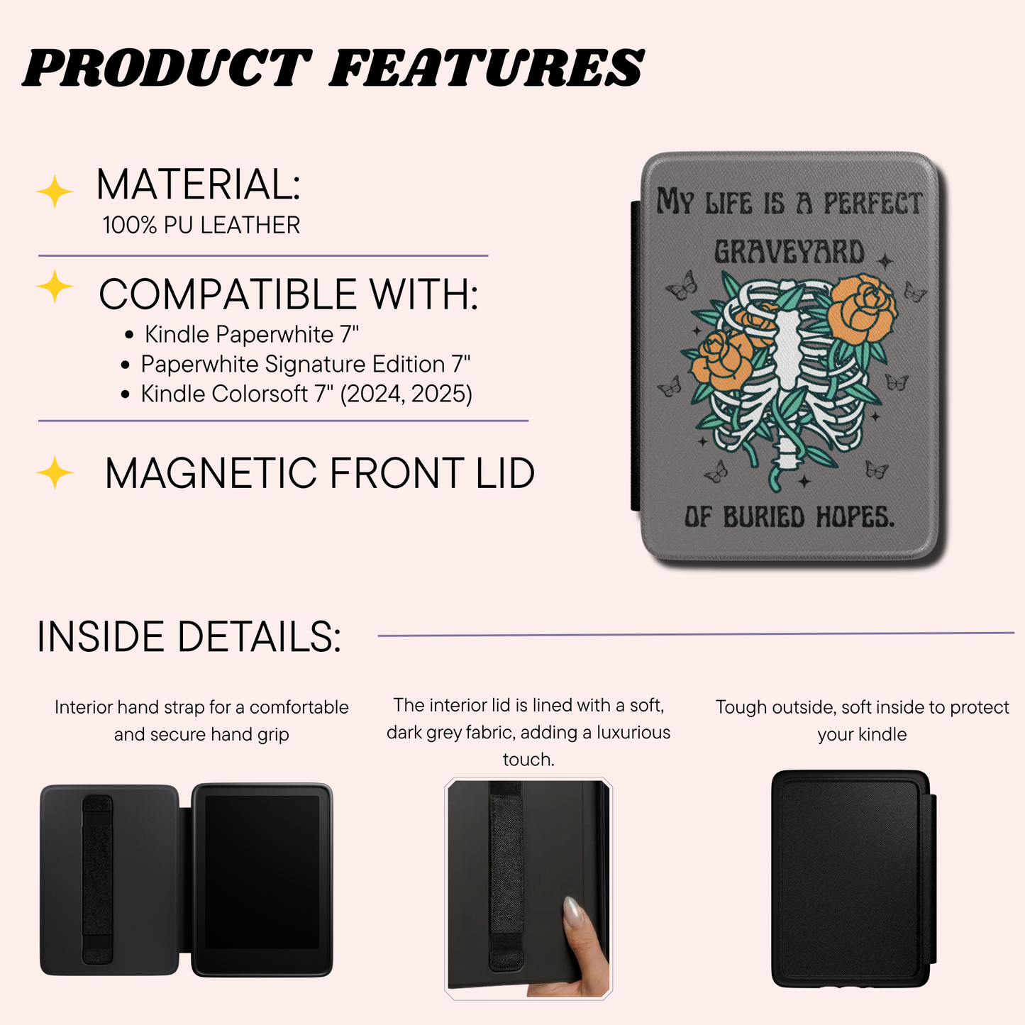 Product features infographic for a Kindle Case that uses PU leather. The graphic displays a product photo of the sleeve on the right, featuring a grey floral skeleton design with roses, alongside text detailing its 100% PU leather material, compatibility with Kindle Paperwhite 7" and Kindle Colorsoft 7" (2024, 2025), and a magnetic front lid.
