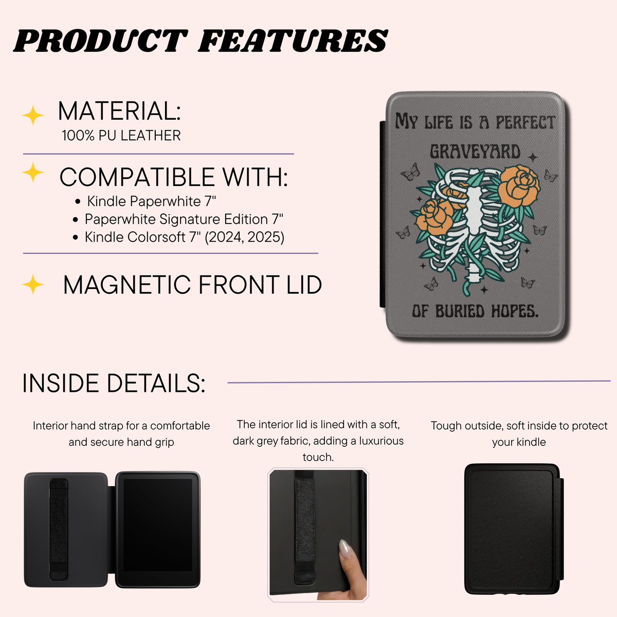 Product features infographic for a Kindle Case that uses PU leather. The graphic displays a product photo of the sleeve on the right, featuring a grey floral skeleton design with roses, alongside text detailing its 100% PU leather material, compatibility with Kindle Paperwhite 7" and Kindle Colorsoft 7" (2024, 2025), and a magnetic front lid.