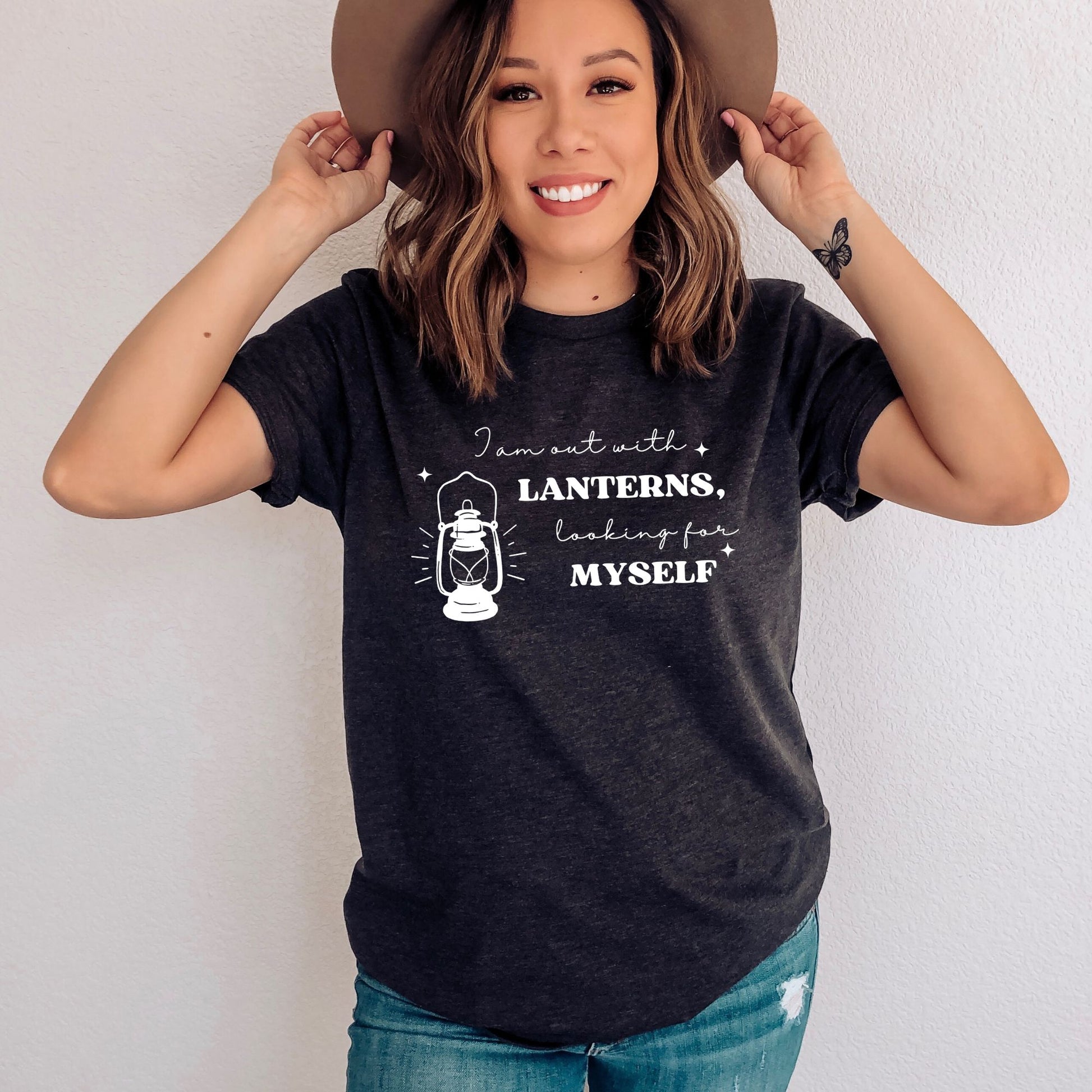 I'm out with Lanterns Dark Grey Heather T-Shirt | Emily Dickinson Poetry | Starlit Prose bookish merch