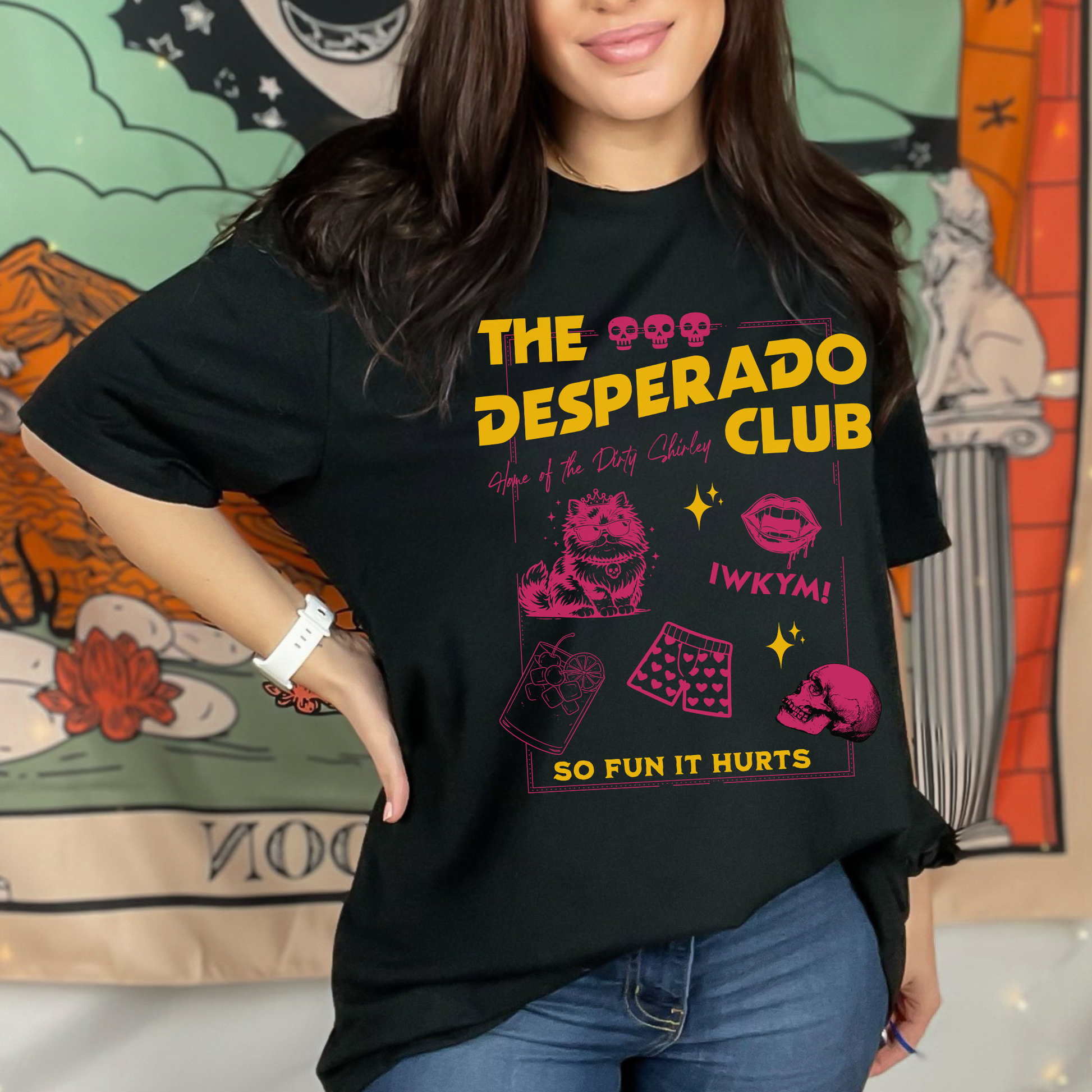 Person wearing a black Comfort Colors t-shirt with 'The Desperado Club' graphic design | Starlit Prose Bookish Merch Australia