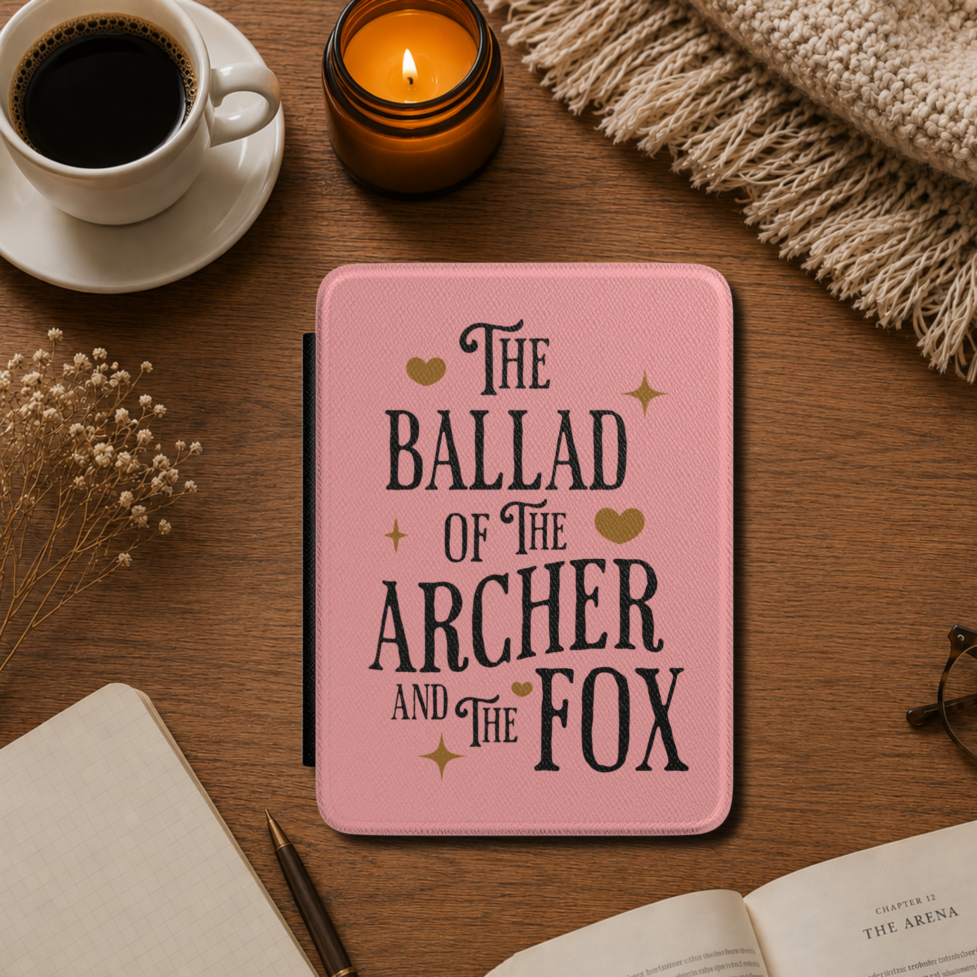 Once Upon a Broken Heart textured pink Kindle Case Cover, it says "The Ballad of the Archer and the Fox" and includes small gold illustrations including stars and hearts. Designed by Starlit Prose Bookish Merch Australia.