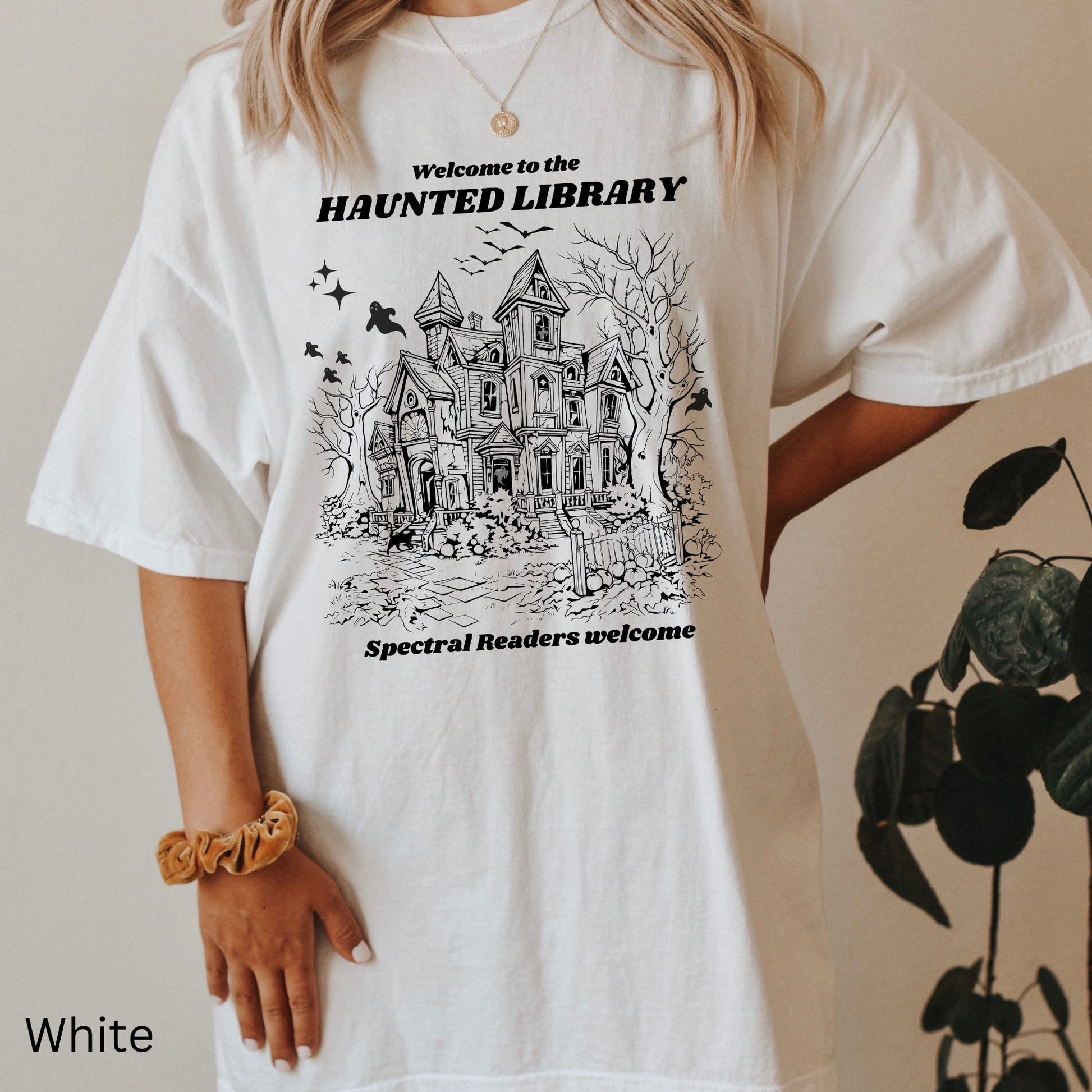 Haunted Library Comfort Colors White colour TShirt | Starlit Prose bookish merch