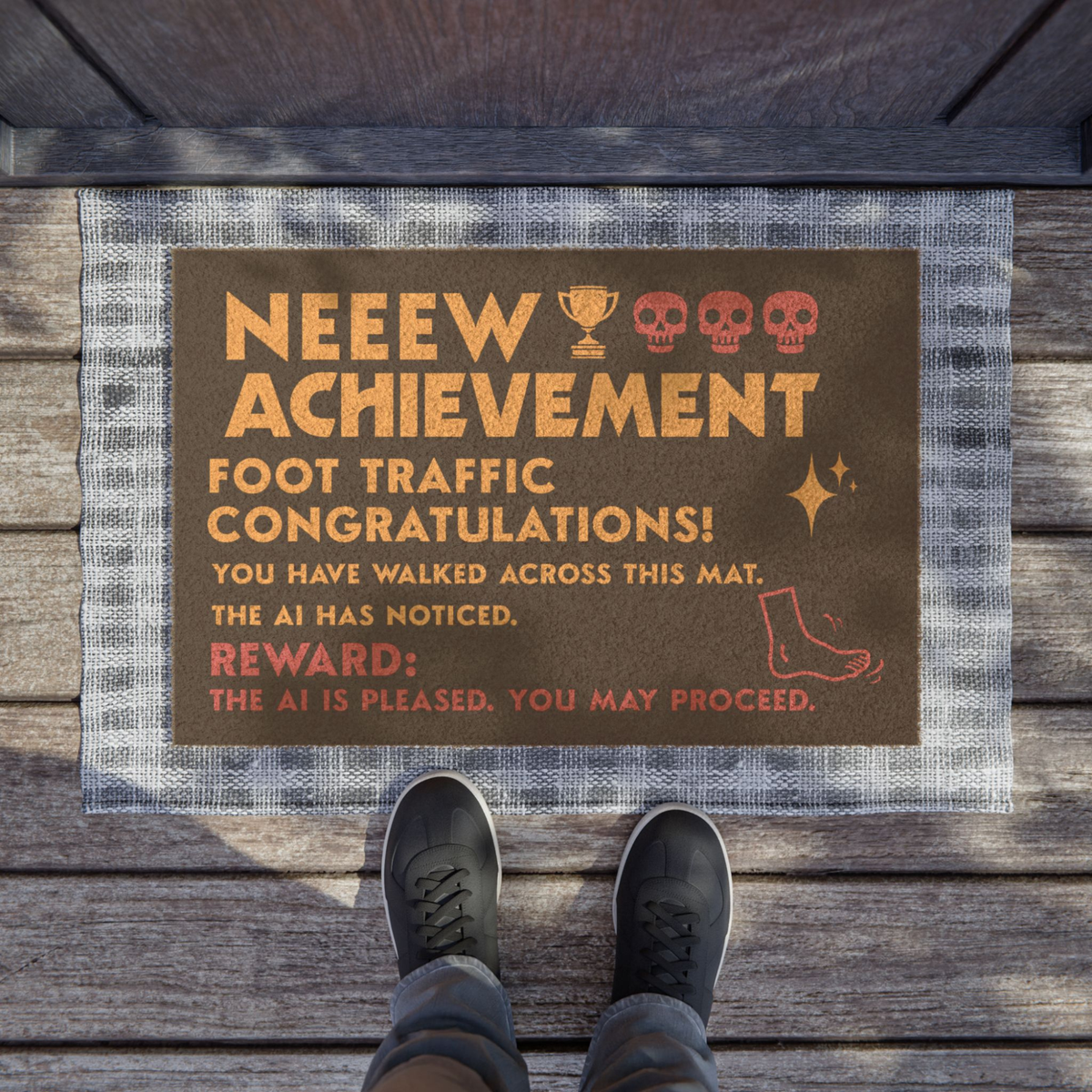 Black Coir Dungeon Crawler Carl Door Mat, text says "New Achievement, Foot traffic, congratulations! you have walked across this mat. the AI has noticed. Reward- The ai is pleased, you may proceed.Includes illustration of foot, stars & skulls. Designed by Starlit Prose Bookish Merch Australia.