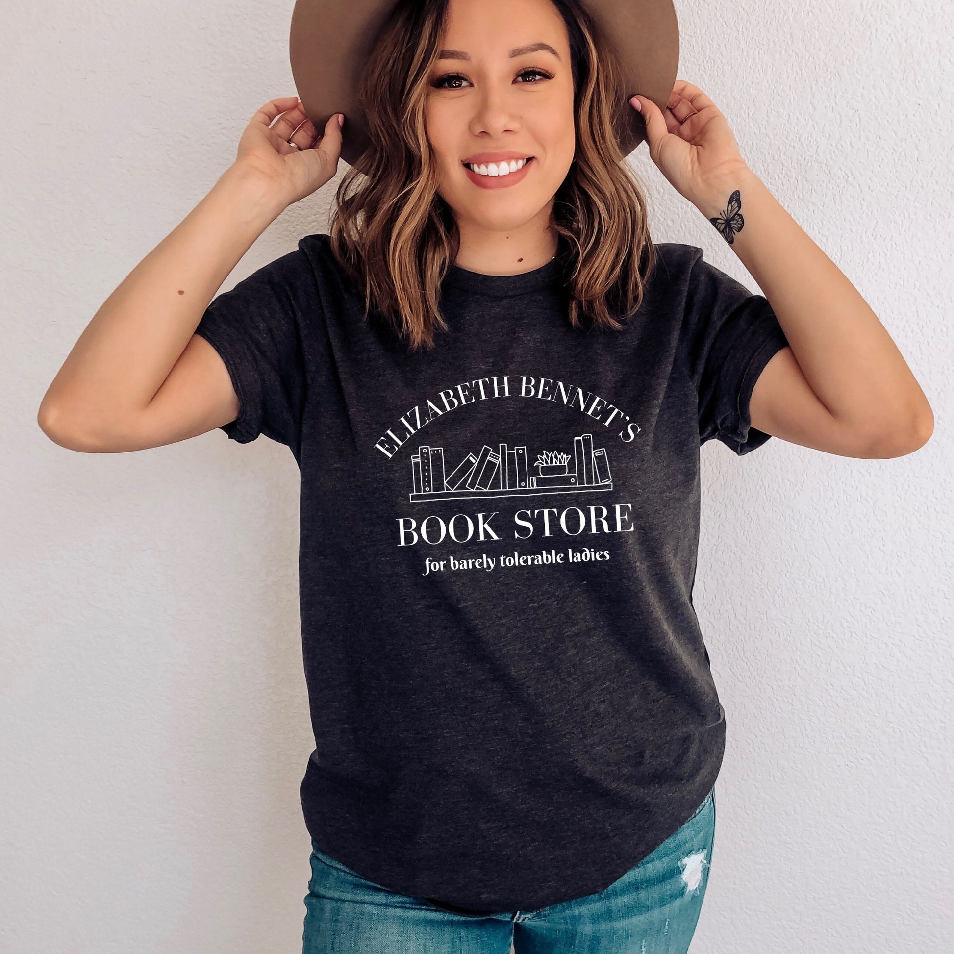 Elizabeth Bennet's Bookstore Dark Grey Heather T-Shirt | Jane Austen | Starlit Prose bookish merch