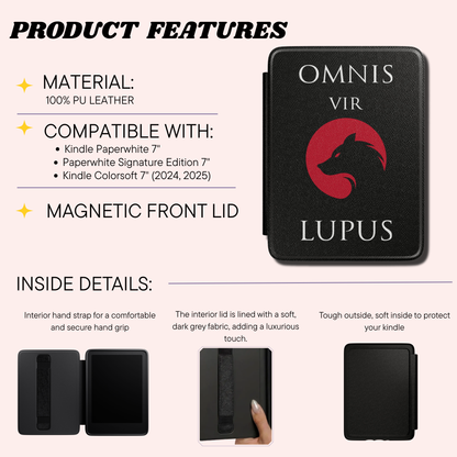 Product features infographic for a black PU leather Kindle  with magnetic open feature, showing the front cover with 'OMNIS VIR LUPUS' and a red wolf logo, plus feature callouts and small detail photos of the interior.