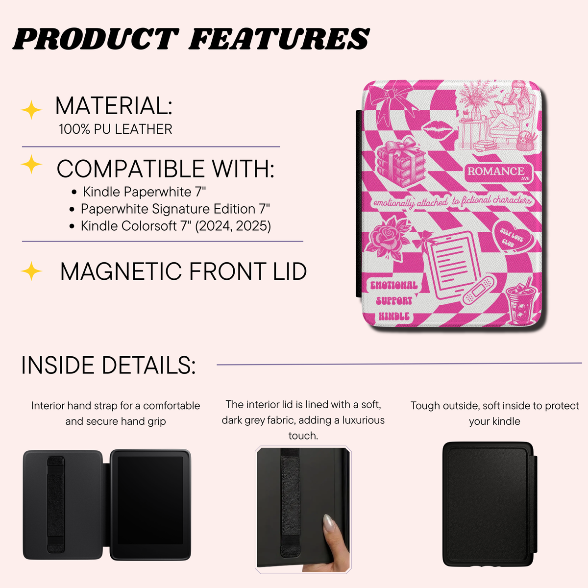 Product features page showing the materials, compatabilites.
