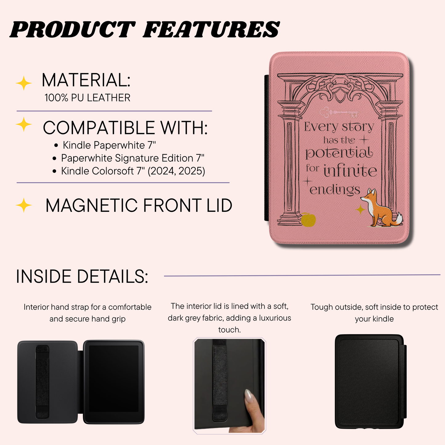 Product features page showing the material, compatibilities, magnetic closure and hand strap.