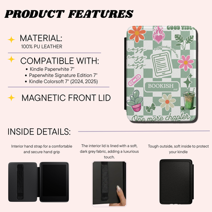 Product features infographic for a Kindle e-reader case, showing the front cover design with flowers, a book motif, and text highlighting 100% PU leather material, compatibility with Kindle Paperwhite 7, Paperwhite Signature Edition 7, and Kindle Colorsoft 7, plus interior details with three small inset photos of the black interior and magnetic front lid.