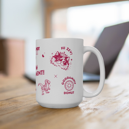 A white 15oz Dungeon Crawler Carl Mug with pink text and graphics of quotes from DCC | Starlit Prose Bookish Merch Australia