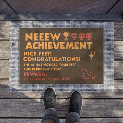 Black Coir Door Mat, Dungeon Crawler Carl, text says "New Achievement Nice Feet! Congratulations, the AI has noticed your feet, this is probably fine. Reward +1 legendary foot buff. Includes illustration of foot, stars & skulls. Designed by Starlit Prose Bookish Merch Australia.