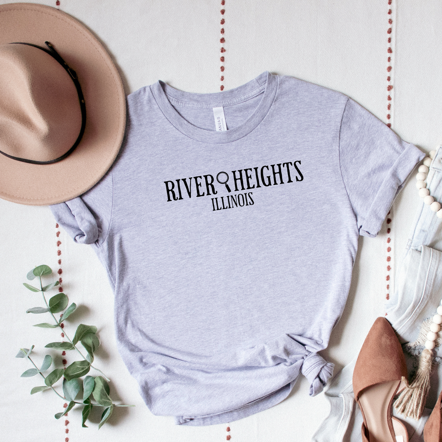 grey shirt that says "River Heights Illinois"