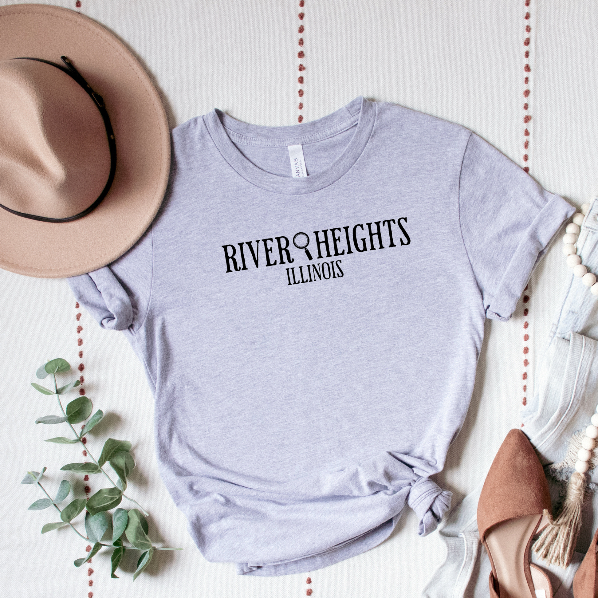 grey shirt that says "River Heights Illinois"
