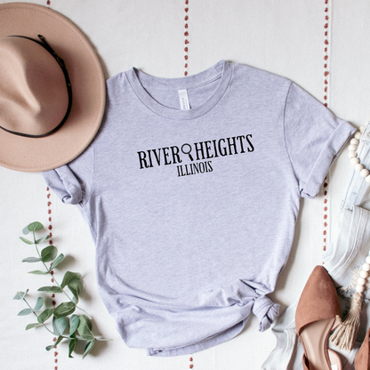 grey shirt that says "River Heights Illinois"