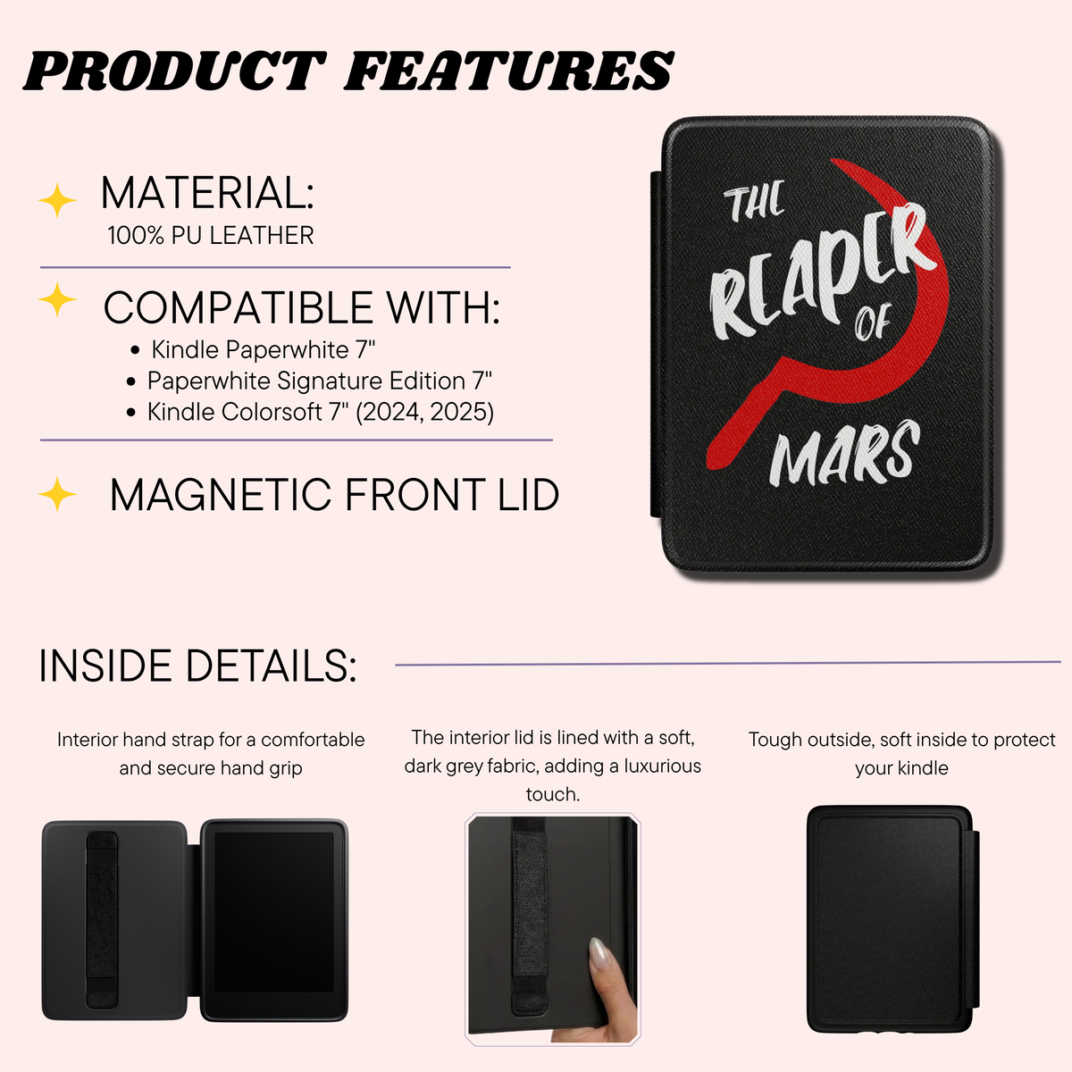 Product features infographic for a black textured Red Rising Kindle case featuring the text 'THE REAPER OF MARS' in white and a large red Slingblade. Designed by Starlit Prose Bookish Merch Australia.