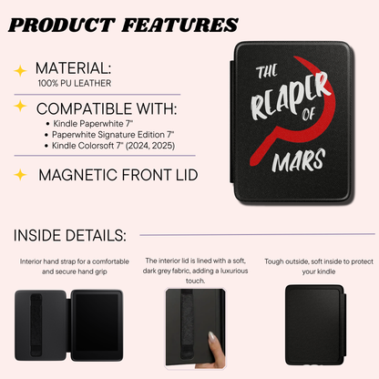 Product features infographic for a black textured Red Rising Kindle case featuring the text 'THE REAPER OF MARS' in white and a large red Slingblade. Designed by Starlit Prose Bookish Merch Australia.