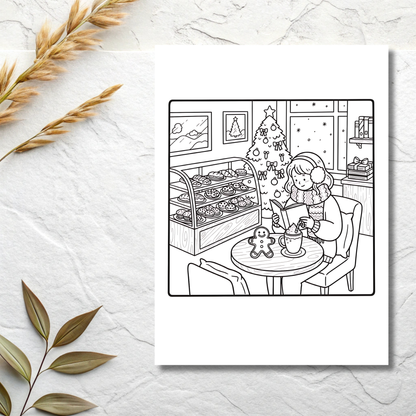 Coloring page of a person reading a book with a Christmas tree and gingerbread man in the background, on a white marble surface.