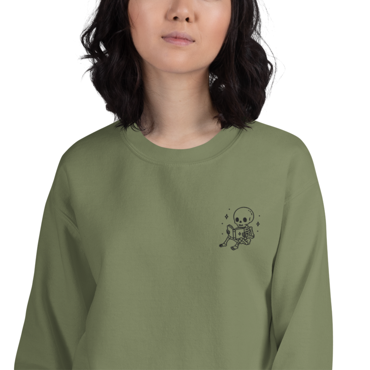 Cute Embroidered Skeleton Reading Sweatshirt