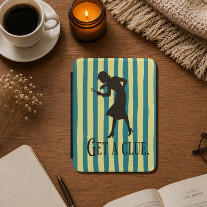 A kindle case featuring a vintage-style  Nancy Drew design with vertical blue and pale yellow stripes, a black silhouette of a Nancy Drew holding a magnifying glass, and the text 'GET A CLUE.' Designed by Starlit Prose Bookish Merch Australia.