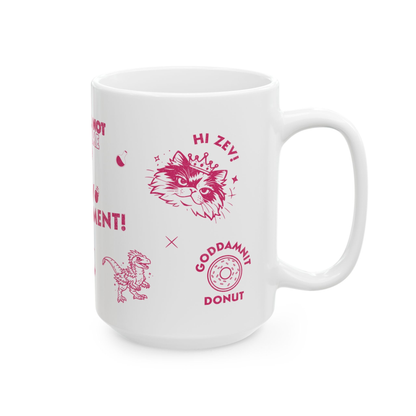 A  white 15oz Dungeon Crawler Carl Mug with pink text and graphics of quotes from DCC | Starlit Prose Bookish Merch Australia