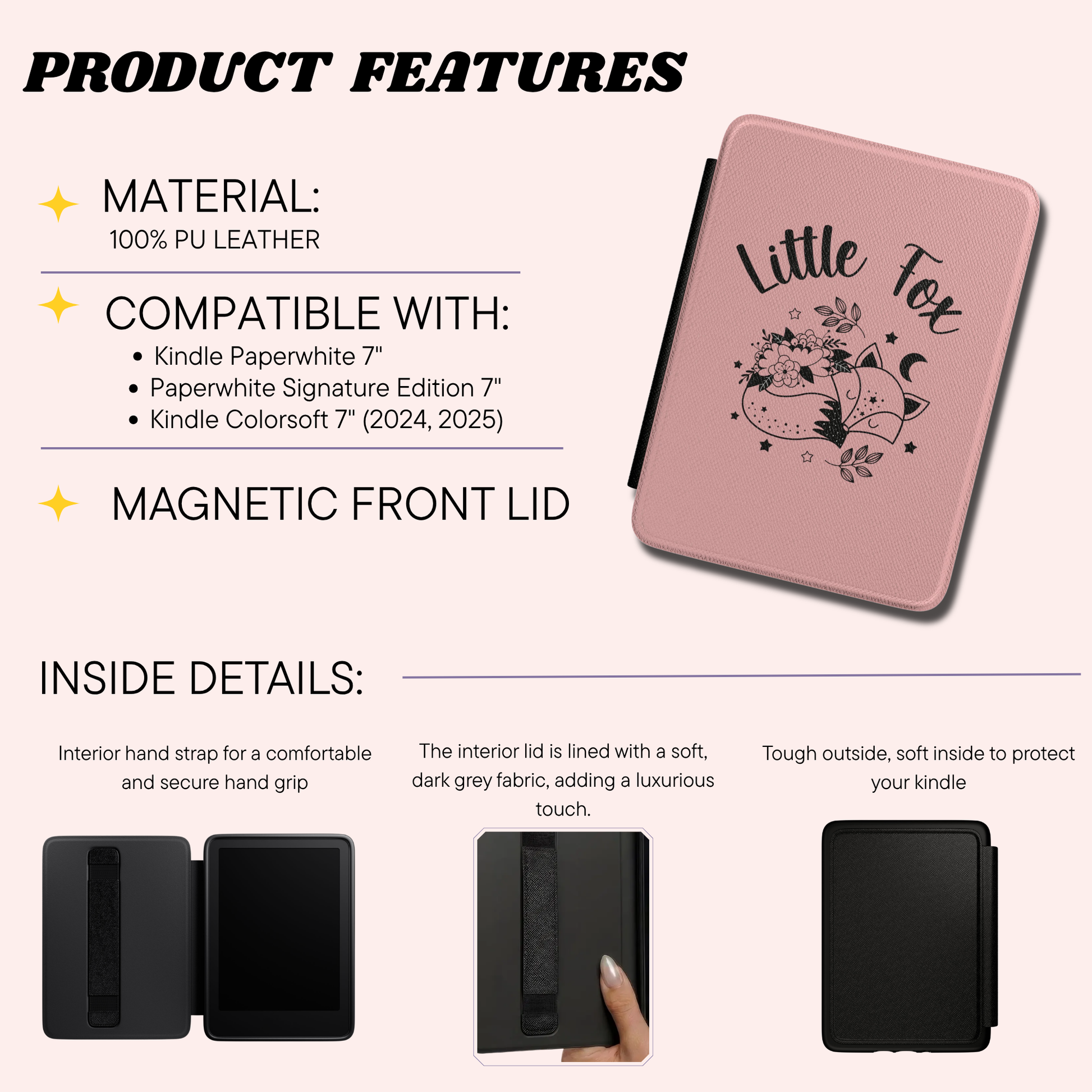 Page showing the Product features of the Once upon a broken heart kindle case cover.
