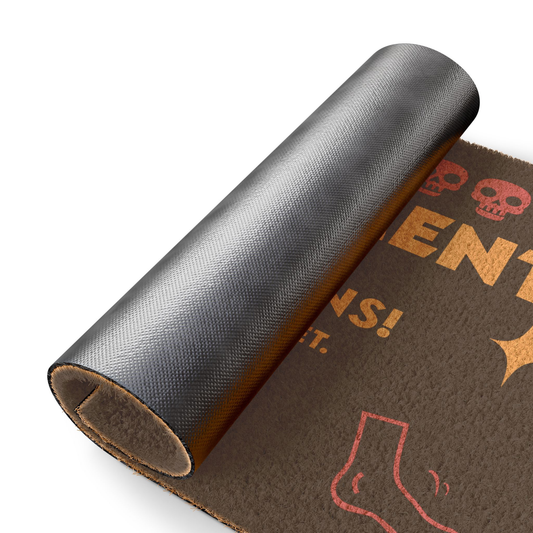 Rolled up dungeon crawler carl nice feet mat, showing the black vinyl backing.